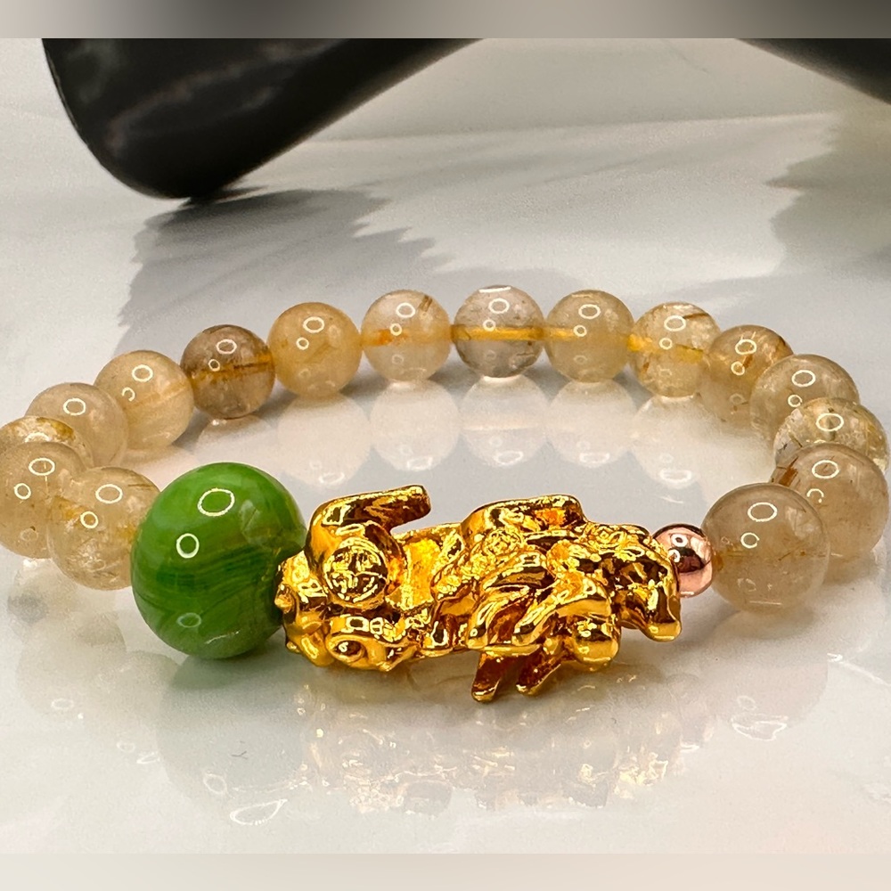 GOLD RUTILANT + GOLD PIXIU NATURAL BRACELET size 7” - Picture 8 of 12